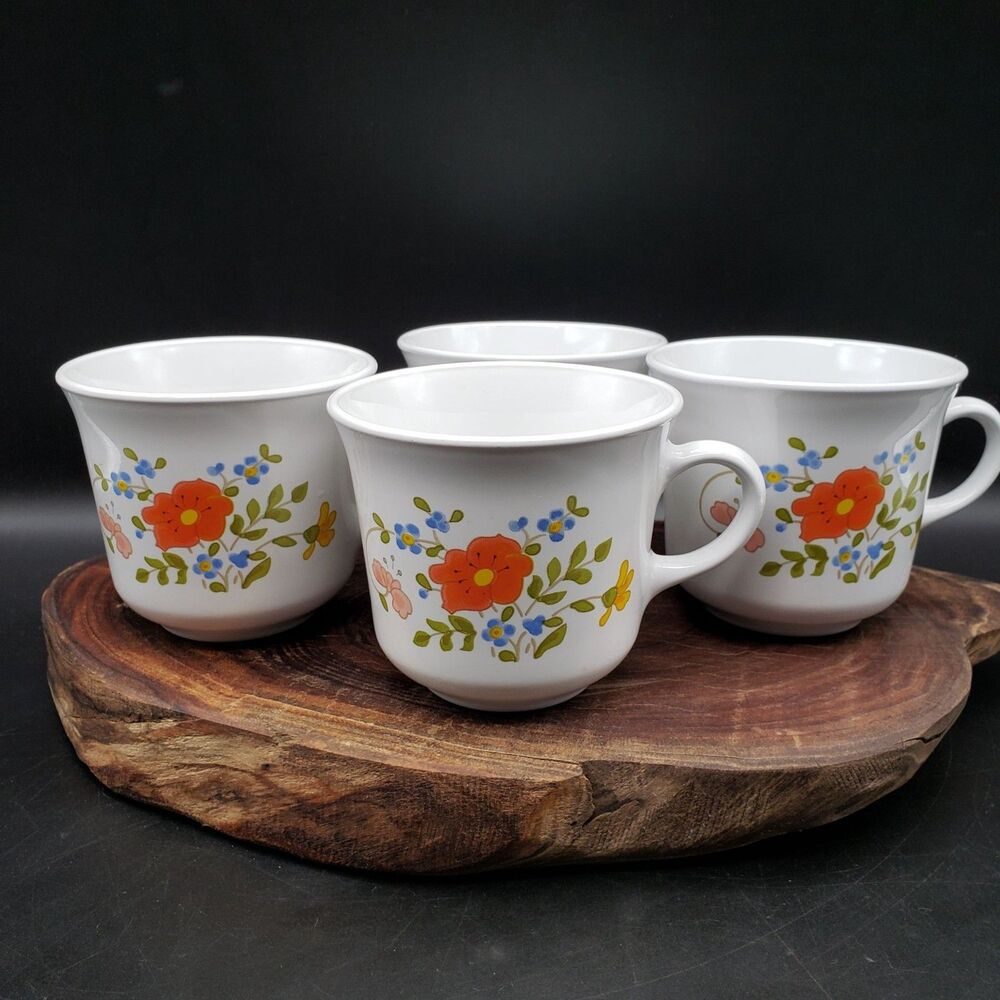 Set 4 Vintage Corelle Corning Ware Summer Blush Pansy Coffee Mugs White Cups
